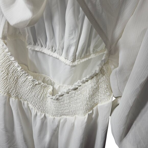 White Boho-Style Long Sleeve Dress With Smocked Waist & Open Back Tie Detail by - Picture 5 of 10